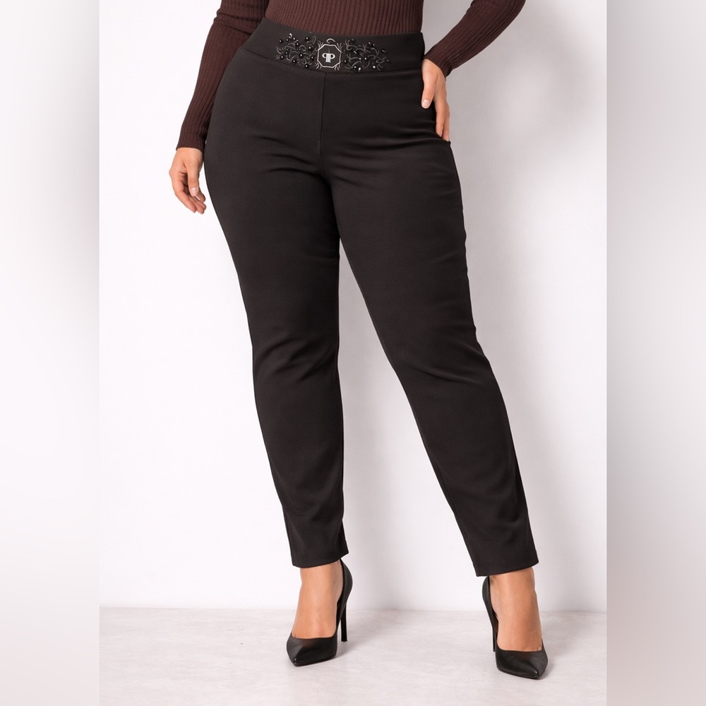 Porcius Elegant Black Pull-On Pants with Embellished Waistband size EU 54